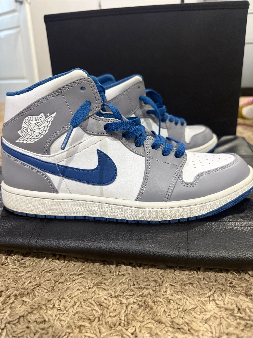 Jordan Air 1 Mid White Gray and Blue Sneakers
